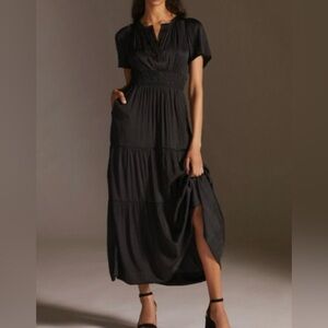 Anthropologie | Black Somerset Flutter Sleeve Tiered Elastic Waist Maxi Dress XS